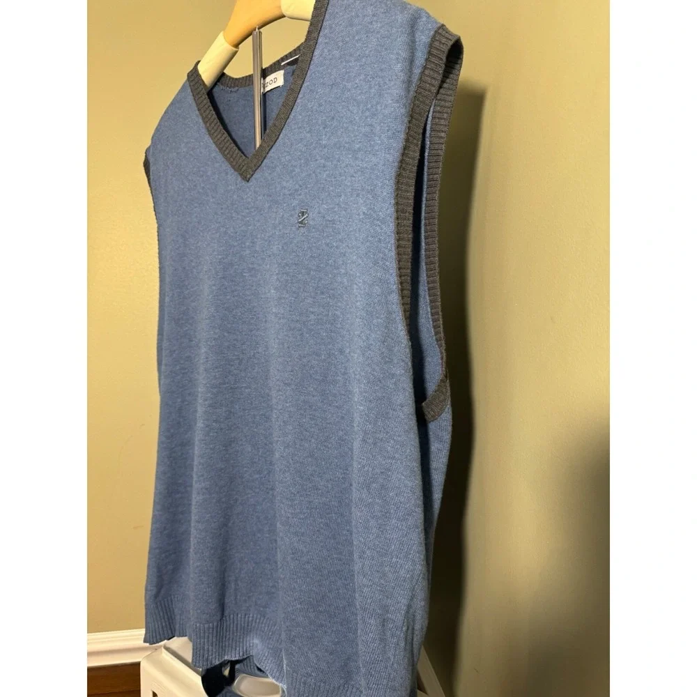 IZOD Mens V-Neck Sweater Vest XXL Blue Gray 100% Cotton Knit Sleeveless Pullover